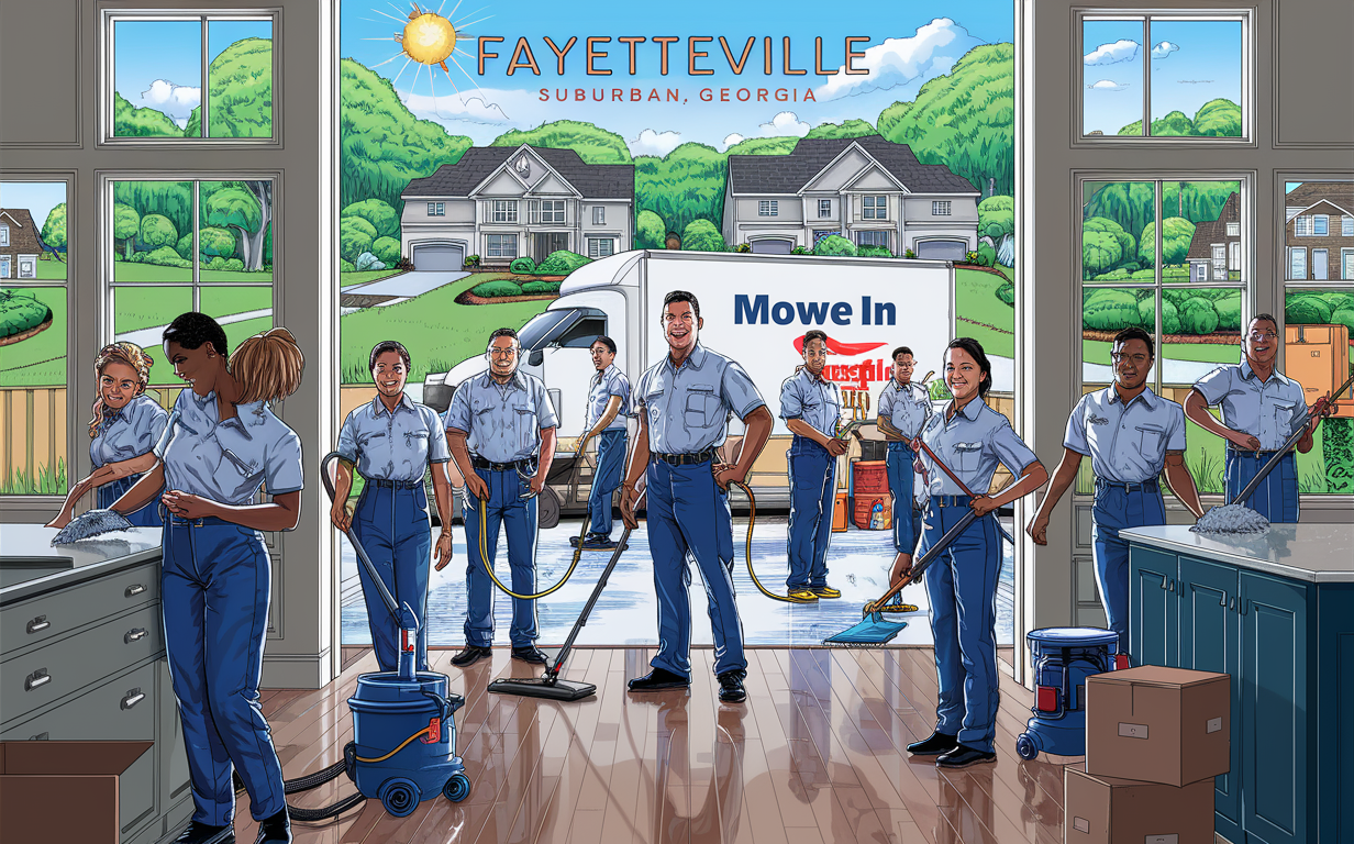 An illustration depicting a professional cleaning crew providing move-in cleaning services in a residential neighborhood in Fayetteville, Georgia. The crew members are dressed in uniforms and carrying cleaning equipment, with a moving truck visible in the background.