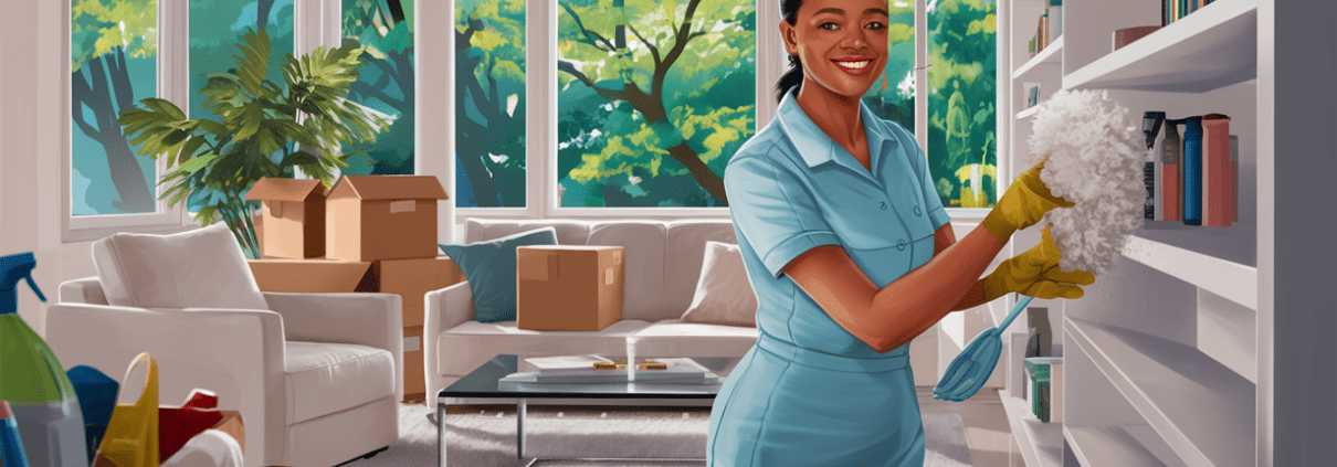 An illustration of a smiling woman in a blue uniform dusting a bookshelf in a living room with moving boxes, depicting professional cleaning services available in Fayetteville, Georgia.