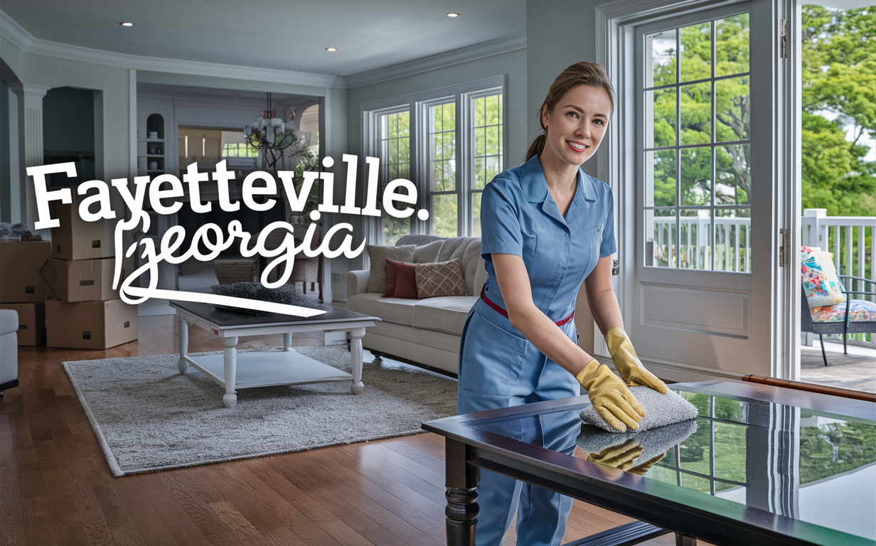 A smiling Merry Maids professional cleaning a table in a newly renovated home, surrounded by moving boxes, demonstrating their expert move-in cleaning services in Fayetteville, Georgia.
