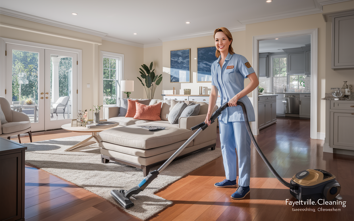 A smiling professional cleaner in uniform, vacuuming a luxurious living room with an open kitchen in Fayetteville, GA