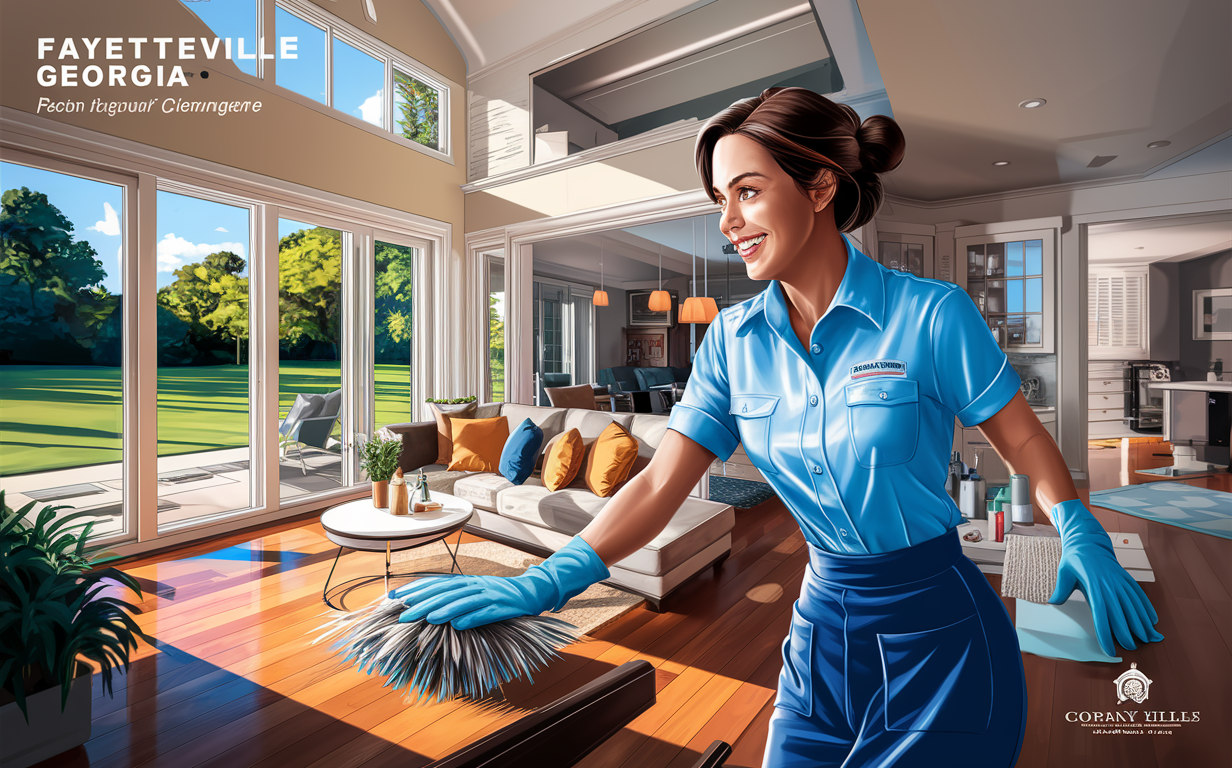A smiling house cleaner in uniform dusting a modern living room in Fayetteville, Georgia