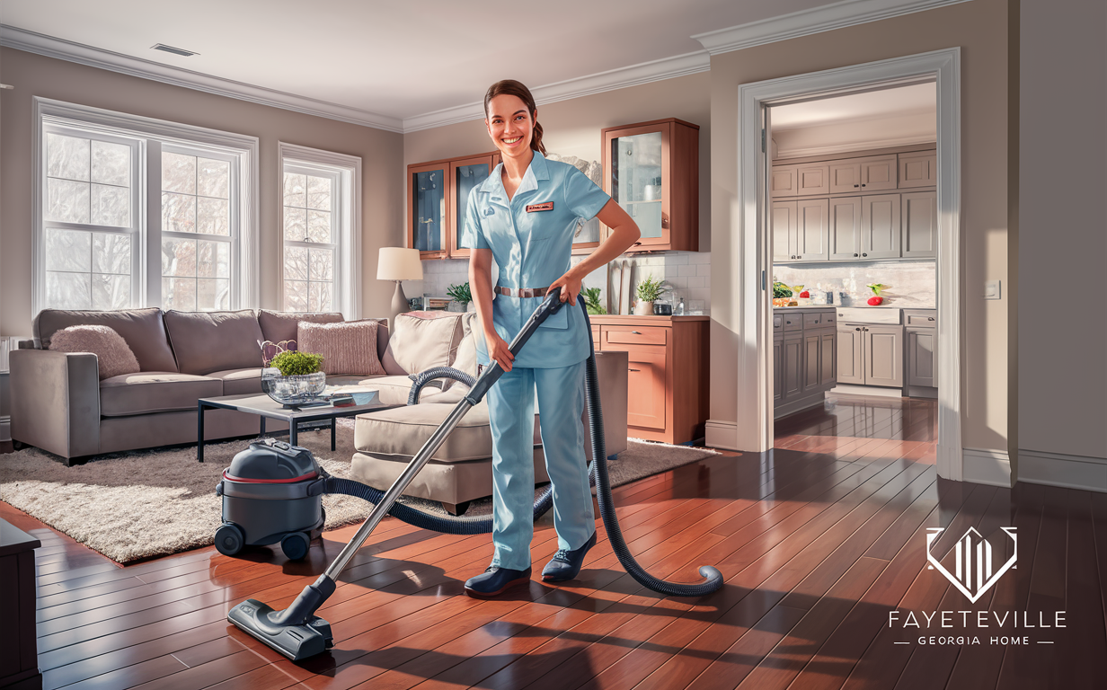 A smiling professional housekeeper in uniform vacuuming the living room of a modern Fayetteville, Georgia home