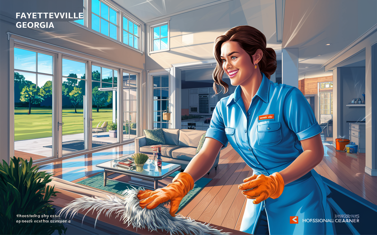 An illustration of a smiling woman in a blue uniform dusting a shelf in a cozy home interior with a view of residential houses outside the window, promoting top home cleaning services in Fayetteville, Georgia.