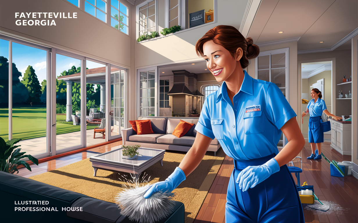 A smiling housekeeper in a blue uniform cleans a modern living room overlooking a green backyard in Fayetteville, Georgia