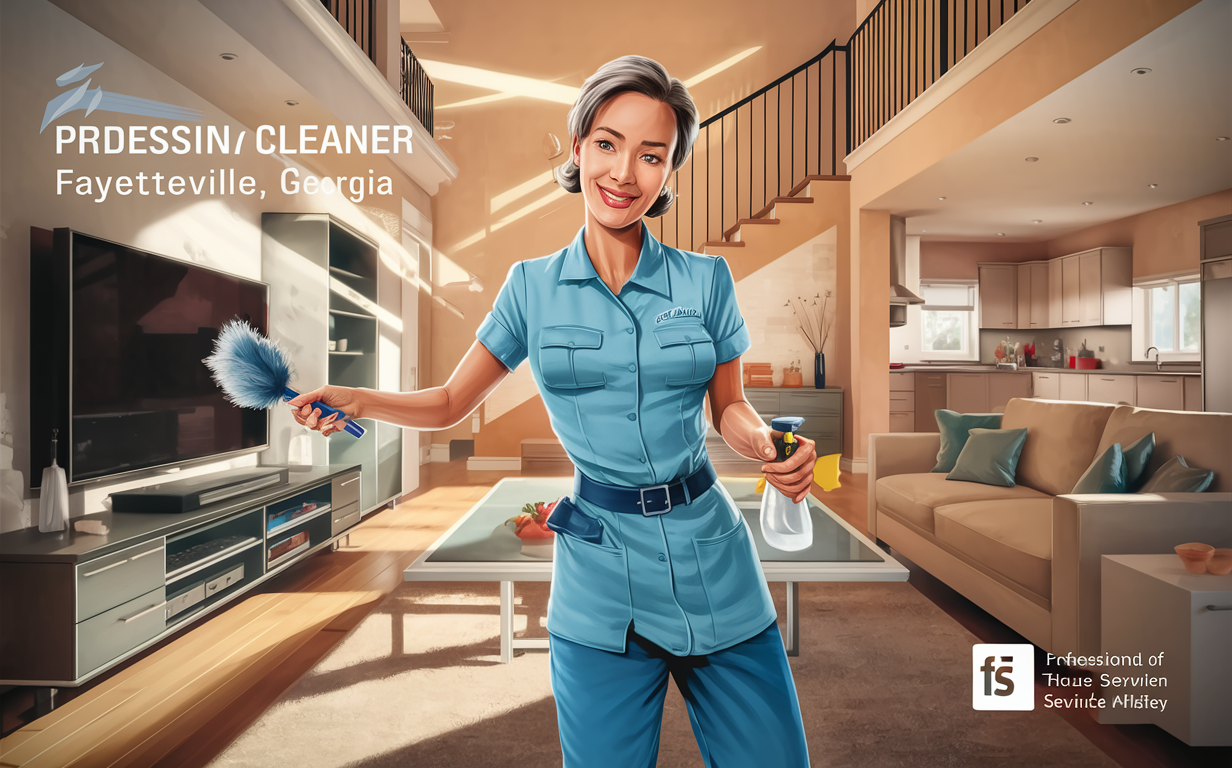 Professional Cleaning Service for Residential Homes in Fayetteville, GA An illustration of a smiling professional cleaner in uniform, holding cleaning supplies in a modern living room setting, representing a top-rated residential cleaning service in Fayetteville, Georgia.