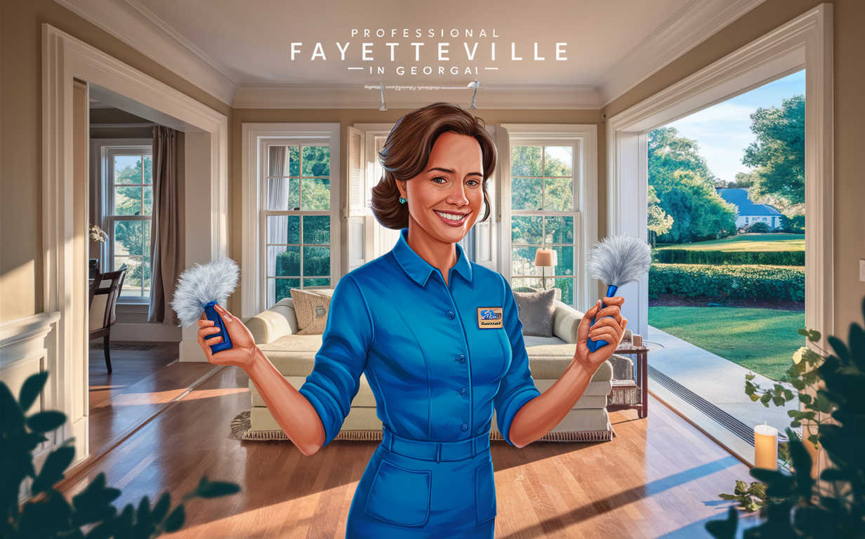 Professional Cleaning Services in Fayetteville, Georgia Illustration of a smiling cleaning professional holding dusters in a well-appointed room overlooking a scenic outdoor view in Fayetteville, Georgia