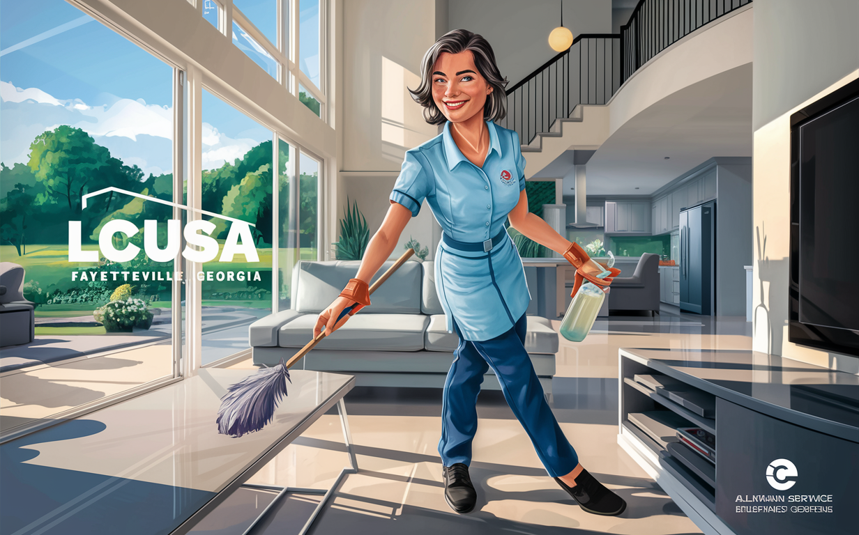 Friendly Cleaning Professional at CUSA in Fayetteville, Georgia An illustration of a smiling woman in a blue uniform holding cleaning supplies in a modern home interior with the CUSA Fayetteville, Georgia logo visible through the window