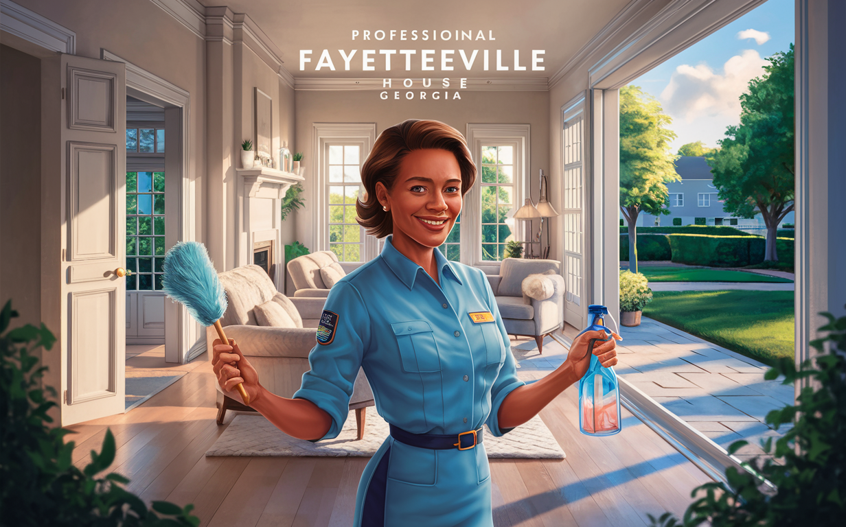 Professional House Cleaner in Fayetteville, Georgia An illustration of a smiling woman in a blue uniform holding cleaning supplies in a well-decorated room with a view of a residential neighborhood in Fayetteville, Georgia.