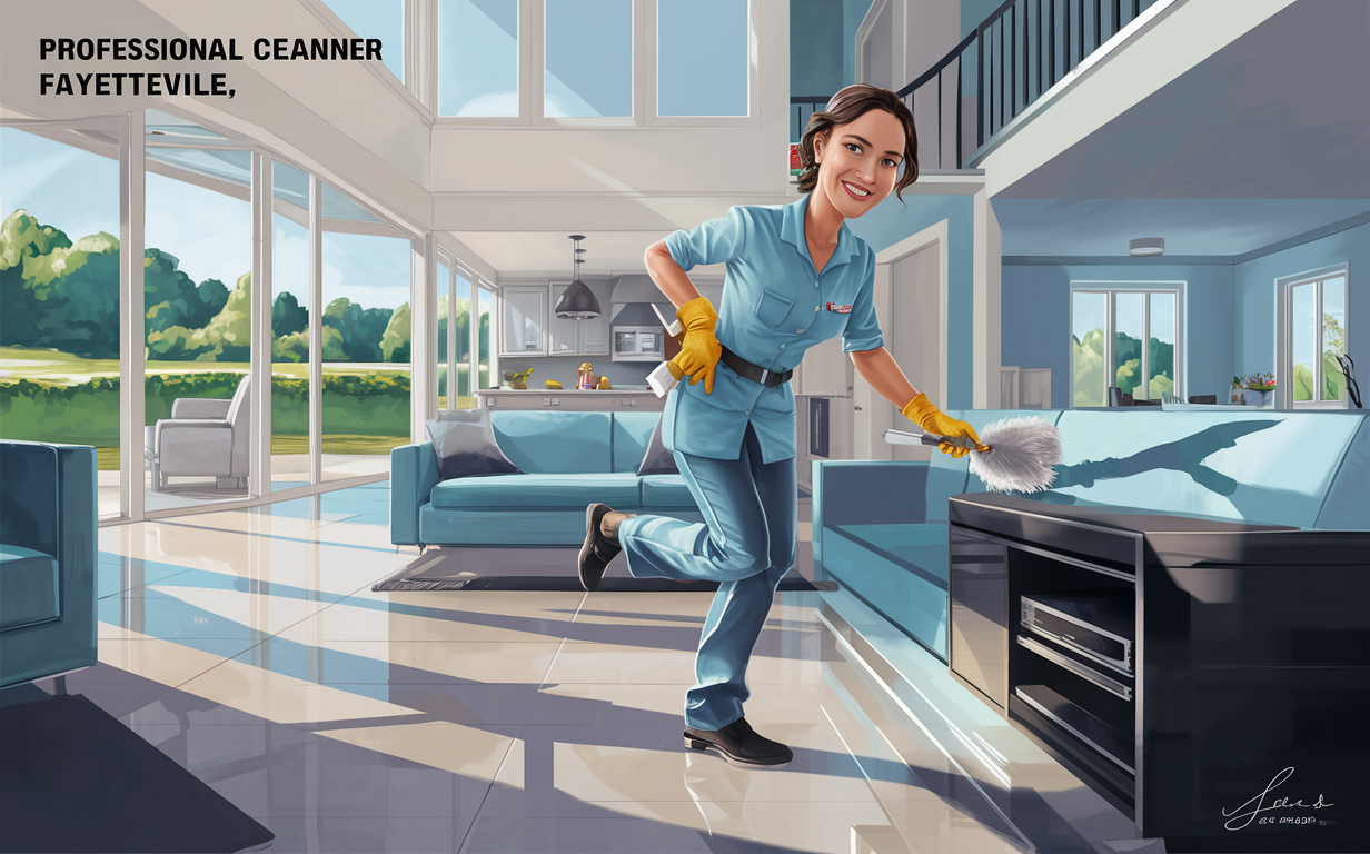 Professional House Cleaner in Upscale Home An illustration of a professional house cleaner dusting surfaces in a modern, upscale home interior with large windows overlooking a scenic outdoor view.
