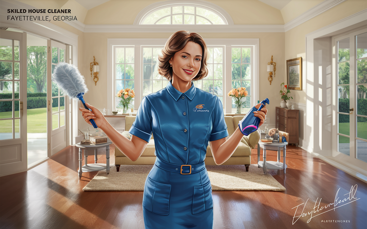 Skilled House Cleaner in Upscale Home An illustration of a smiling woman in a blue uniform holding dusters, standing in an elegant living room with large windows overlooking a lush garden.