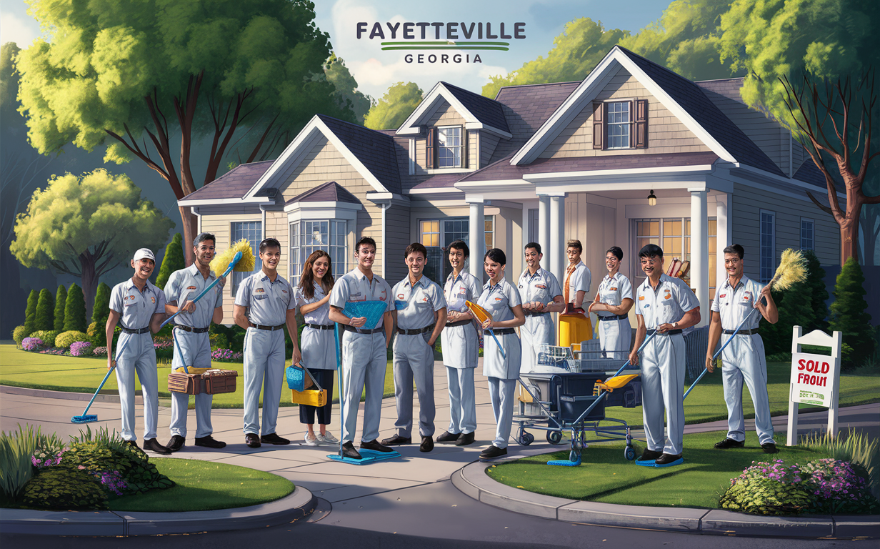 A team of professional cleaners posing outside a residential home in Fayetteville, Georgia, holding cleaning supplies and equipment, with a 'Sold' sign indicating a move-in service.
