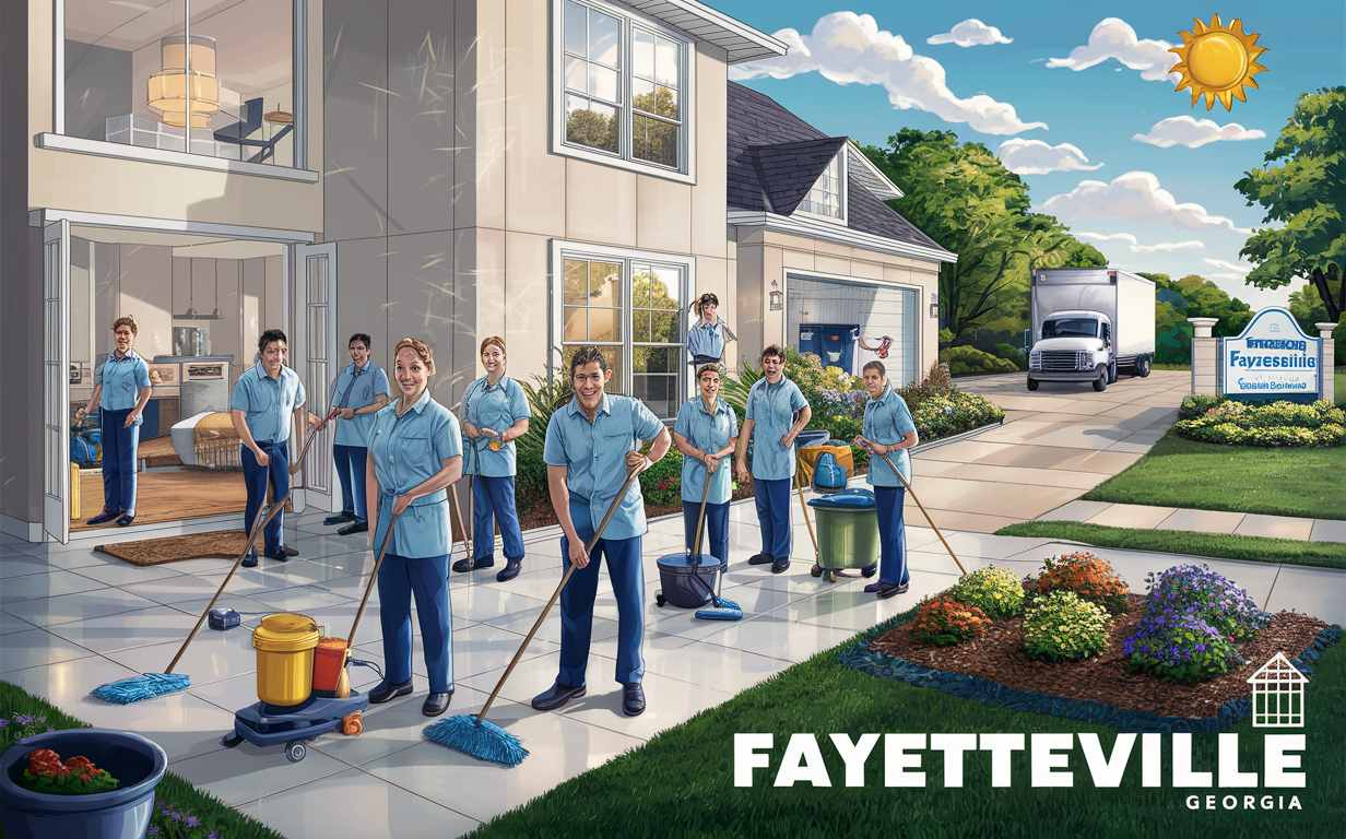 A team of janitorial workers in blue uniforms sweeping, mopping, and maintaining the cleanliness of a residential area in Fayetteville, Georgia, with a welcome sign, flowers, and a delivery truck visible.