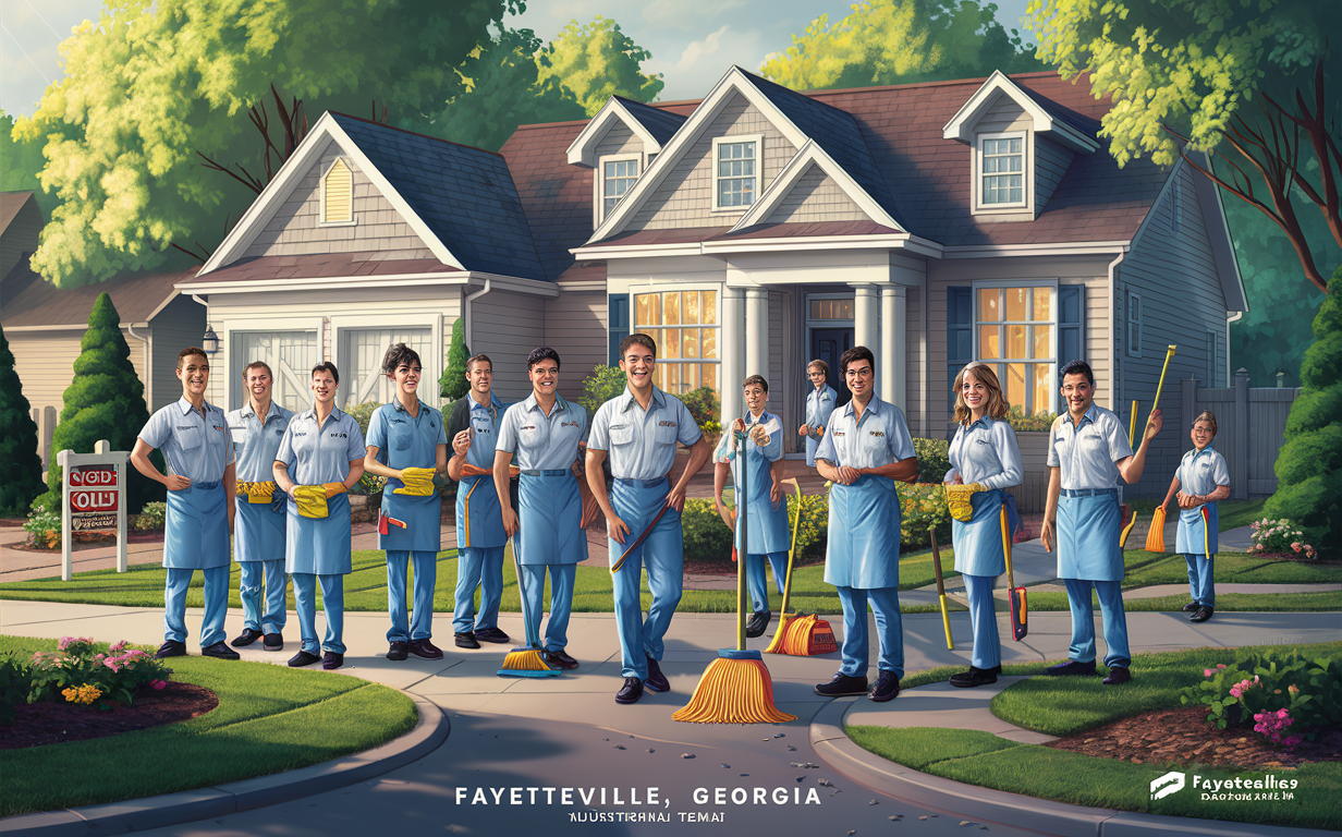 A team of residential cleaning service providers posing in front of a suburban home in Fayetteville, Georgia, celebrating a successful move-in cleaning job.