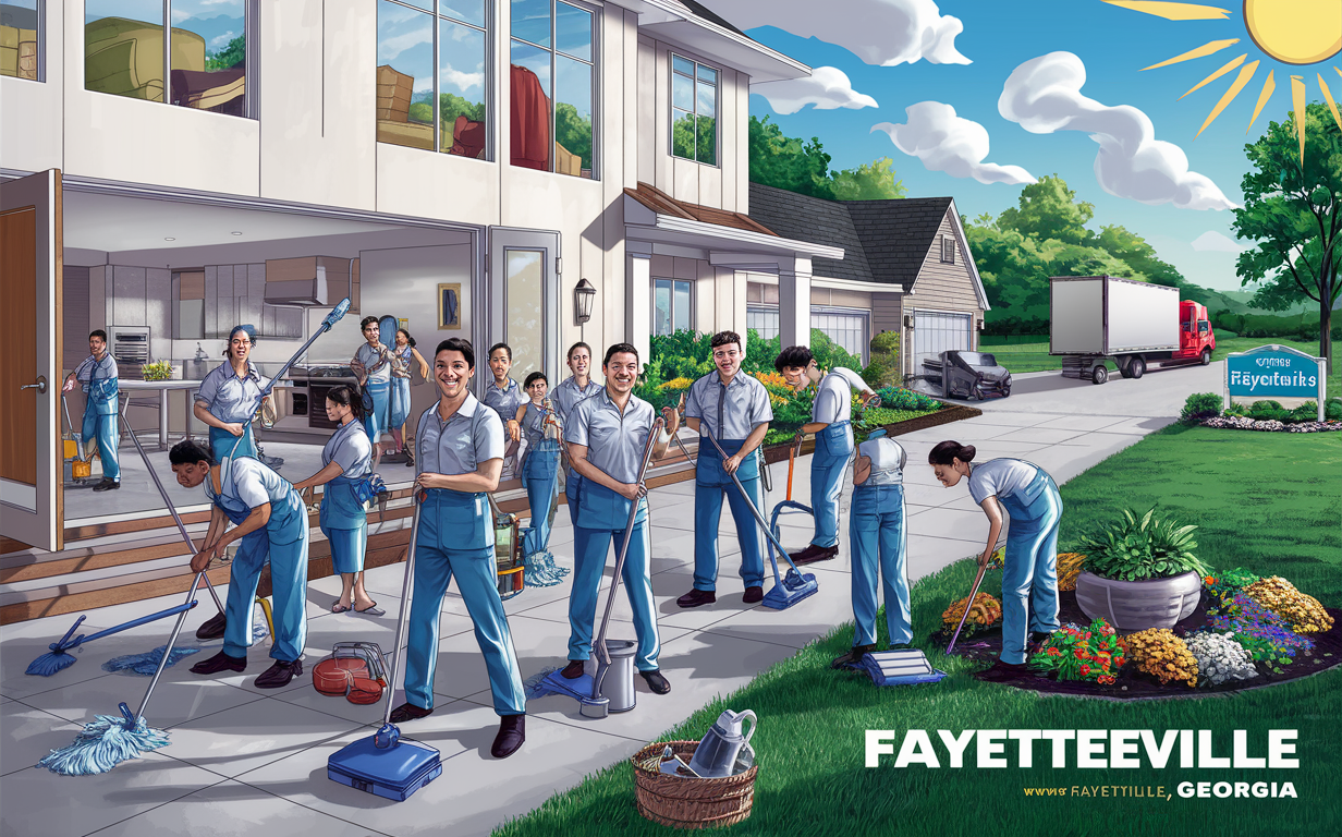An illustration depicting a family moving into a new house in the city of Fayetteville, Georgia, with the assistance of professional movers carrying boxes and household items, surrounded by a suburban neighborhood setting.