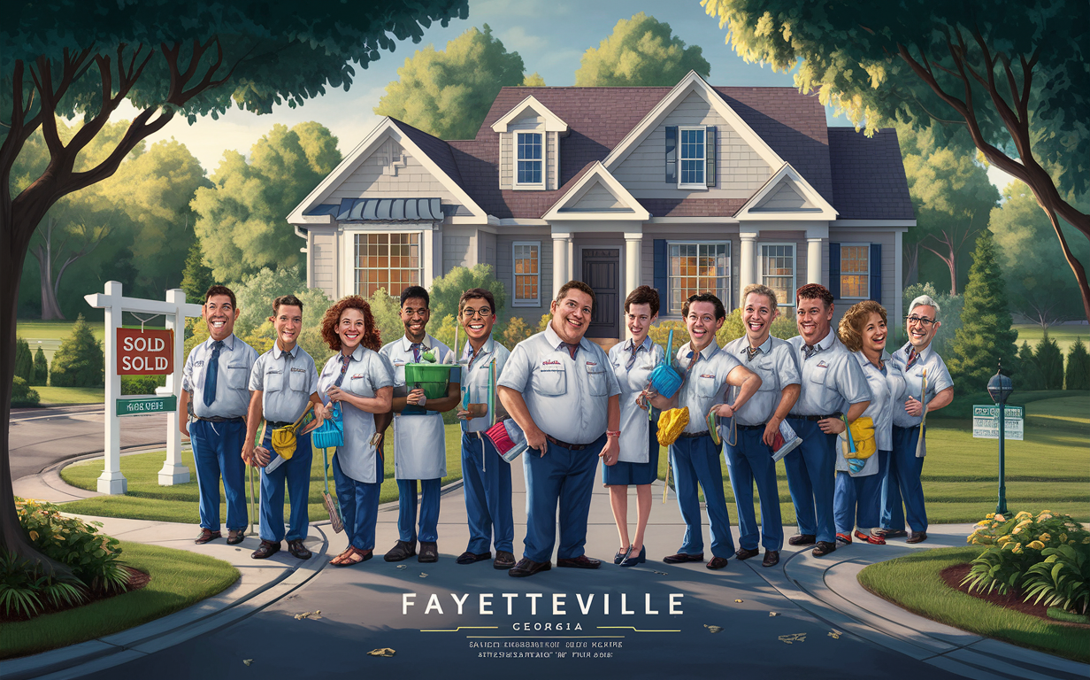 A group of cleaners posing in front of a residential home in Fayetteville, Georgia, ready to provide top-notch move-in cleaning services.
