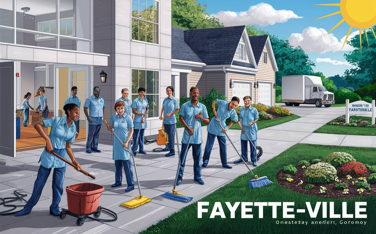 An illustration depicting a team of cleaners in blue overalls diligently working to prepare a residential property for move-in, with a sign that reads 'Fayetteville, Georgia' in the foreground.