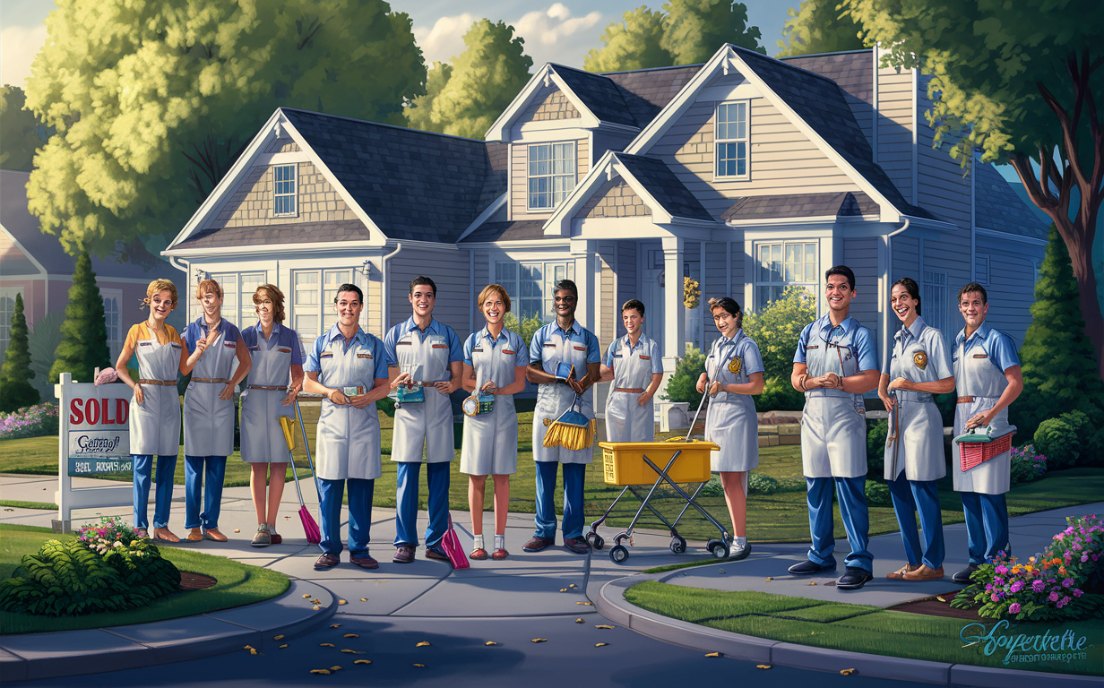 A team of professional house cleaners standing in front of a newly sold house, ready to provide move-in cleaning services in a residential neighborhood.