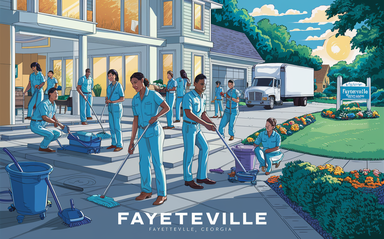 A team of custodial workers cleaning the exterior of a residential community in Fayetteville, Georgia, showcasing their dedication to maintaining a tidy and welcoming environment.