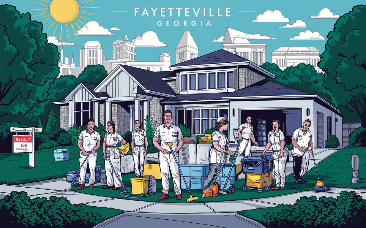A team of professional cleaners providing move-out cleaning services in Fayetteville, Georgia, with a view of the city skyline in the background.