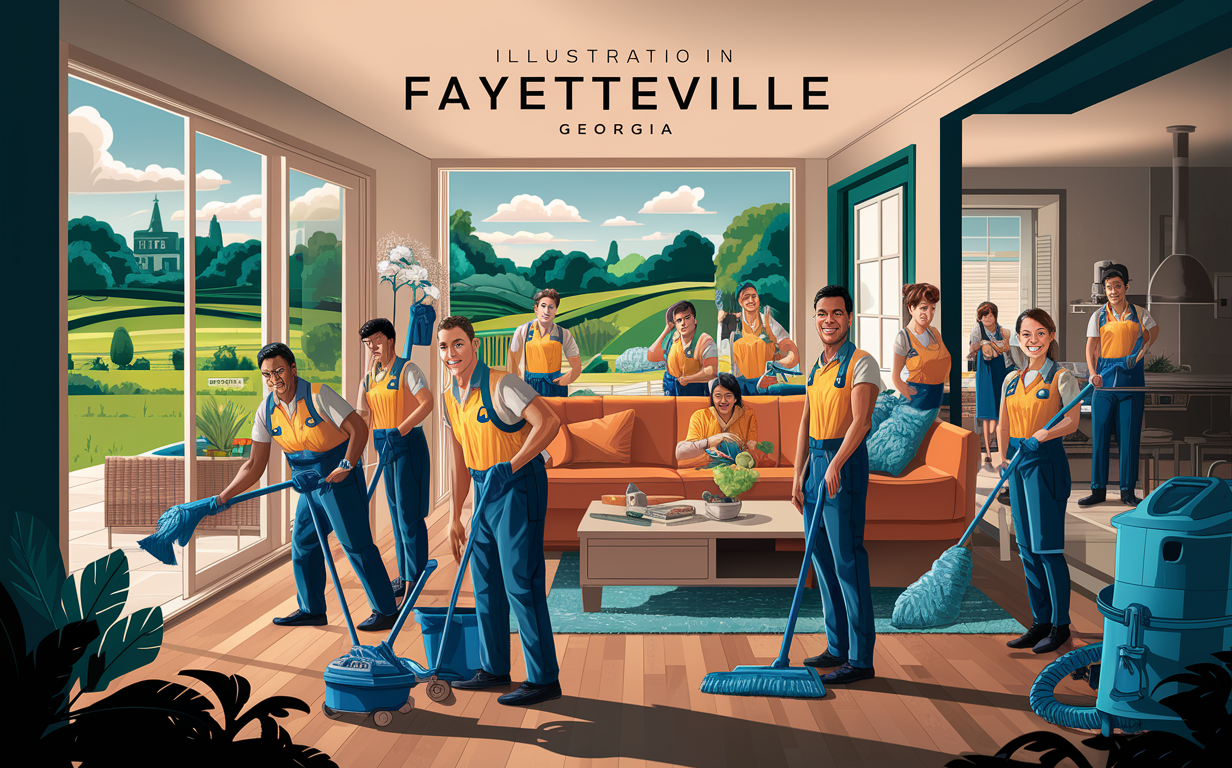 An illustration depicting a team of cleaners working in a residential home in Fayetteville, Georgia. The scene shows a group of people wearing yellow and blue uniforms, mopping floors, dusting surfaces, and vacuuming carpets. The illustration has a stylized and colorful aesthetic, with lush green landscapes visible through the windows.