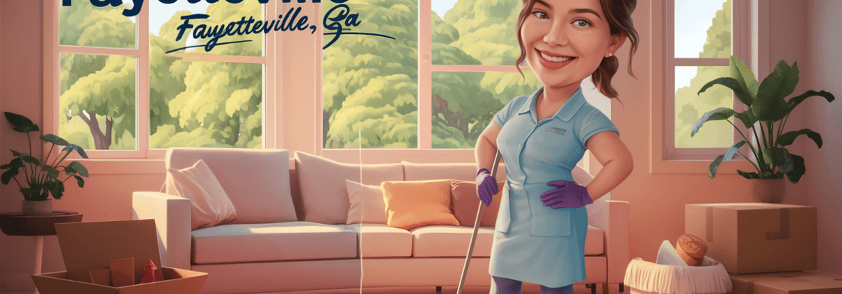 An illustration of a smiling woman cleaning a living room with a mop, surrounded by moving boxes and furniture, promoting top-rated move-out cleaning services in Fayetteville, Georgia.