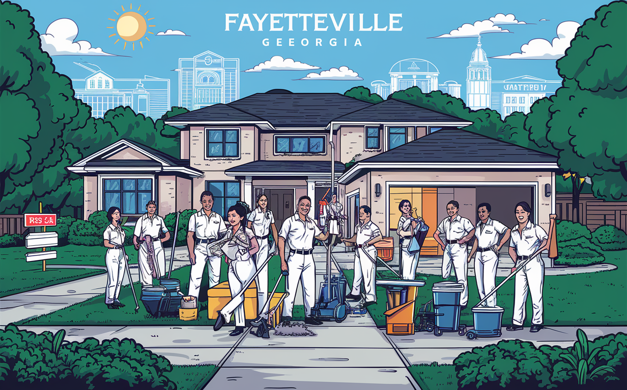 An illustration of a professional cleaning crew standing outside a residential home in Fayetteville, Georgia, with cleaning supplies and equipment, ready to provide move-out cleaning services.