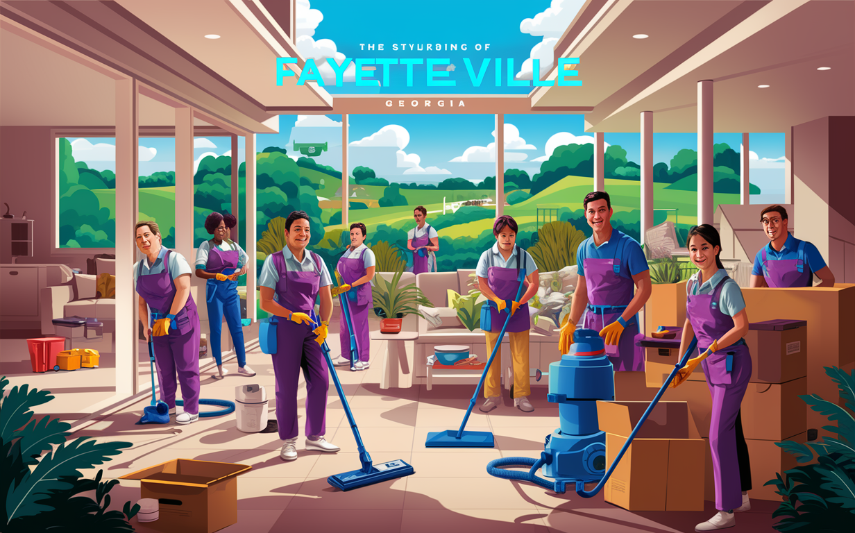 An illustration depicting a team of cleaning service workers in Fayetteville, Georgia, performing various cleaning tasks in a residential setting with a scenic outdoor view.