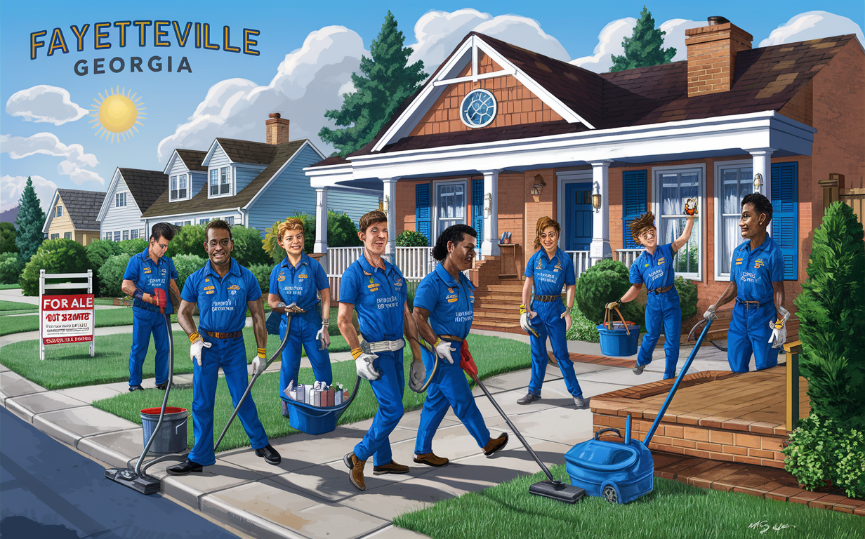 A team of professional cleaners in blue uniforms providing move-out cleaning services in the residential neighborhood of Fayetteville, Georgia