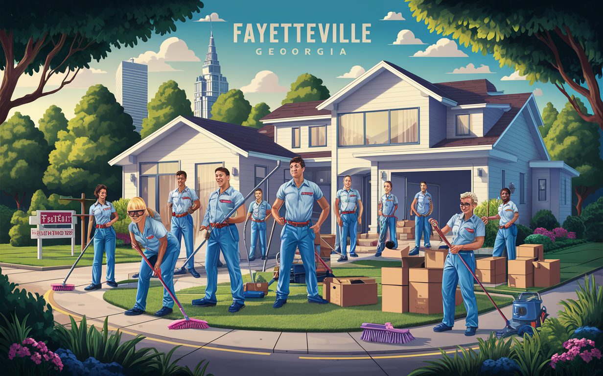 A team of residential cleaning professionals standing in front of a house in Fayetteville, Georgia