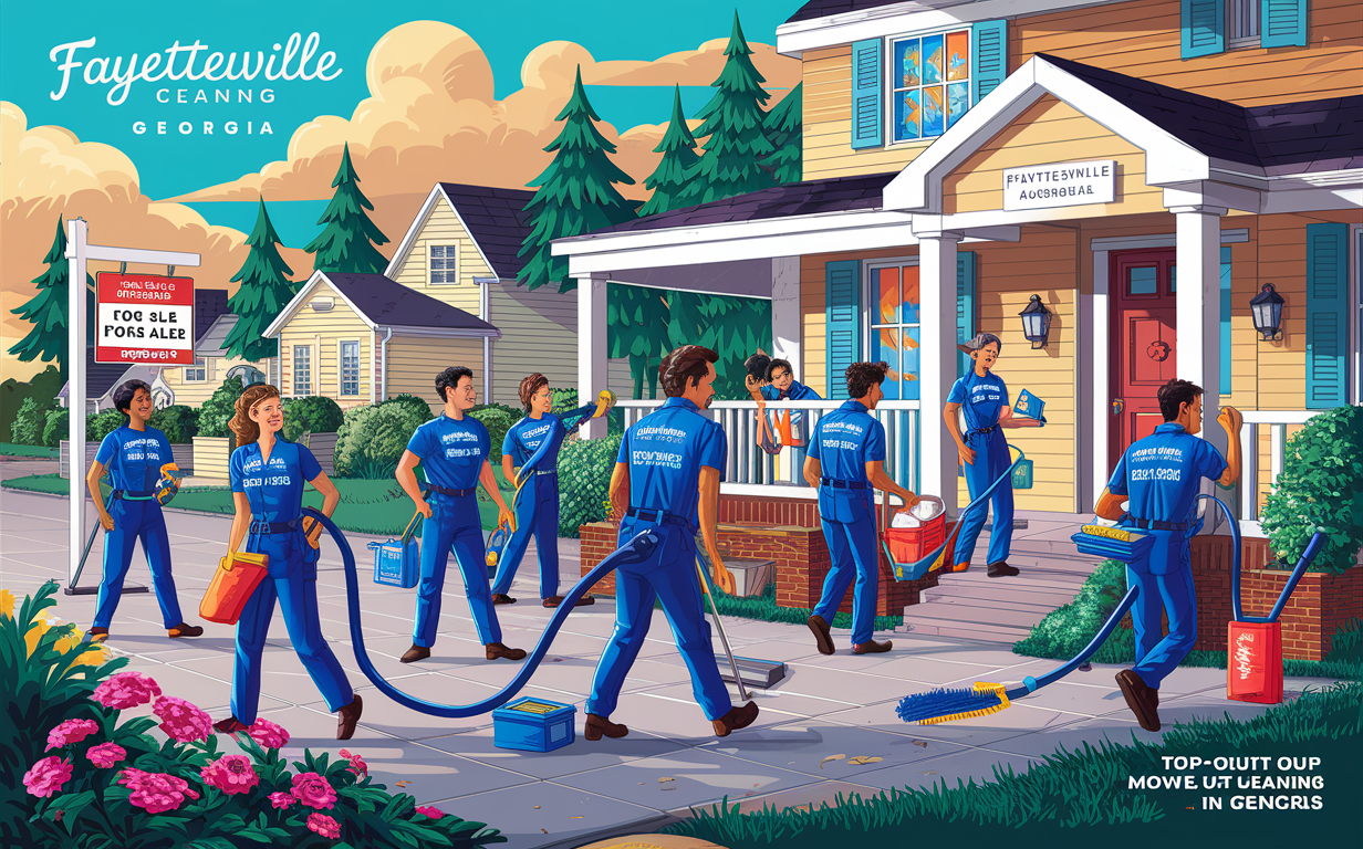 A team of workers in blue uniforms performing move-out cleaning services at a residential home in Fayetteville, Georgia, with the city's name prominently displayed and a 'For Sale' sign in the yard.