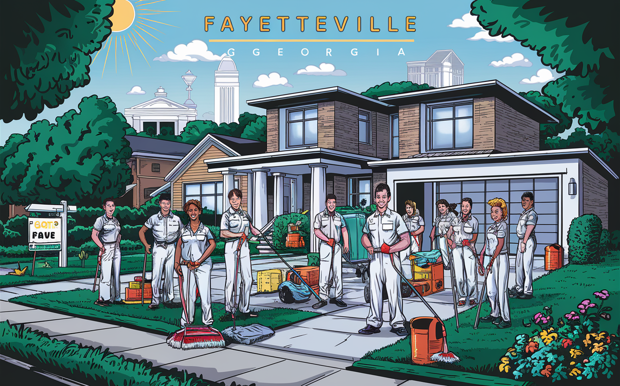 A team of professional cleaners providing move-out cleaning services in Fayetteville, Georgia, standing outside a residential home with their cleaning equipment.