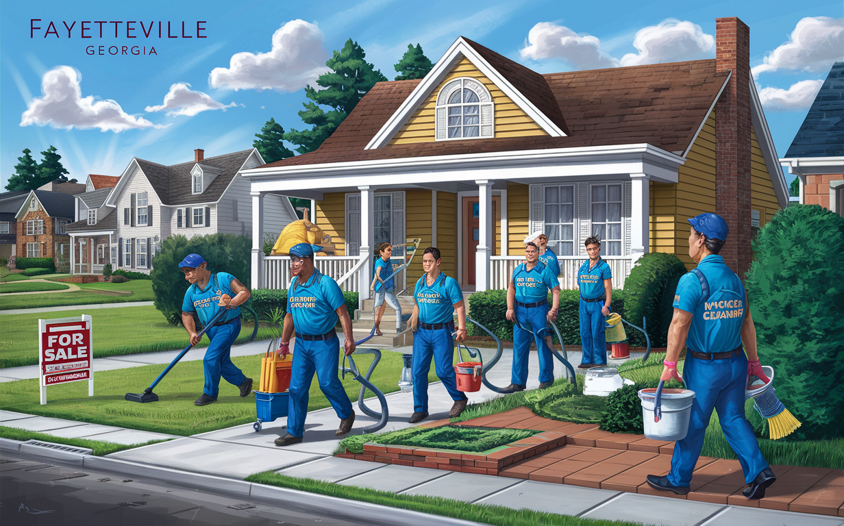 A team of professional cleaners in blue uniforms performing move-out cleaning services at a residential home with a 'For Sale' sign in the front yard in the city of Fayetteville, Georgia.