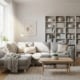 Bright living room with organized shelves and minimal decor, representing a clutter-free environment