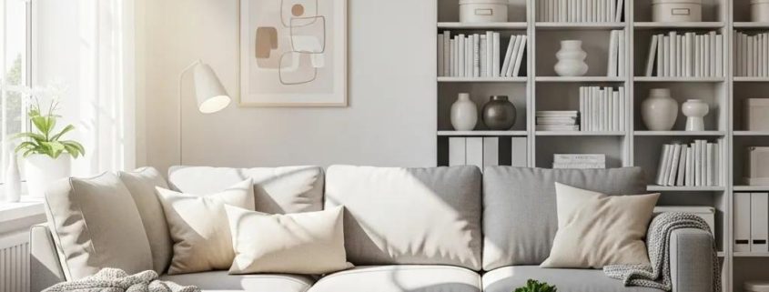 Bright living room with organized shelves and minimal decor, representing a clutter-free environment