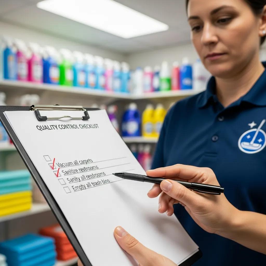Supervisor checking a quality-control checklist in a neat supply area