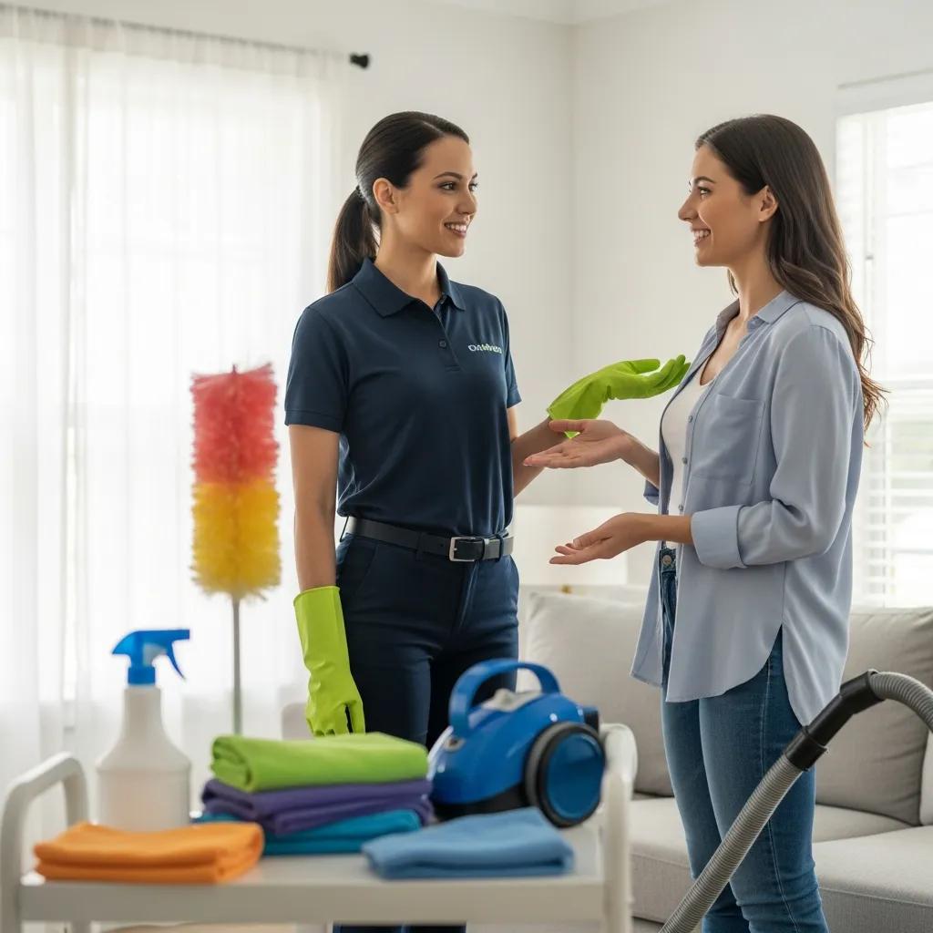 Customer reviewing a satisfaction guarantee with a cleaning representative in a tidy home