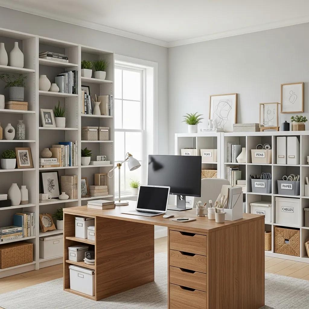 Organized home office with vertical shelving and multi-functional furniture &mdash; smart storage in action