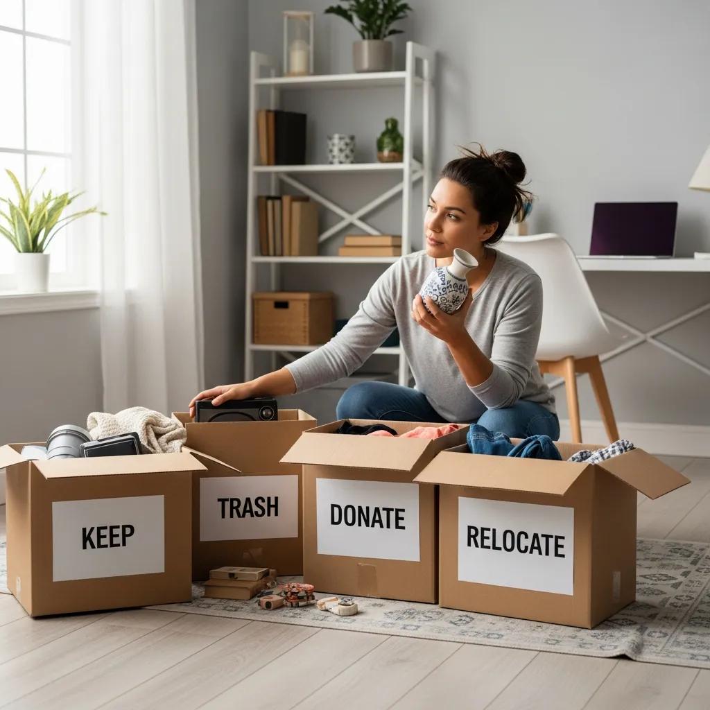 Person sorting items into labeled boxes &mdash; an easy, effective decluttering method