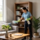 Professional cleaner dusting a living room, showcasing a clean and inviting atmosphere