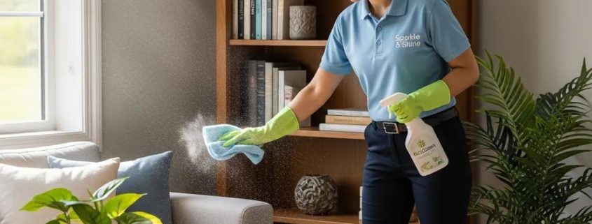 Professional cleaner dusting a living room, showcasing a clean and inviting atmosphere